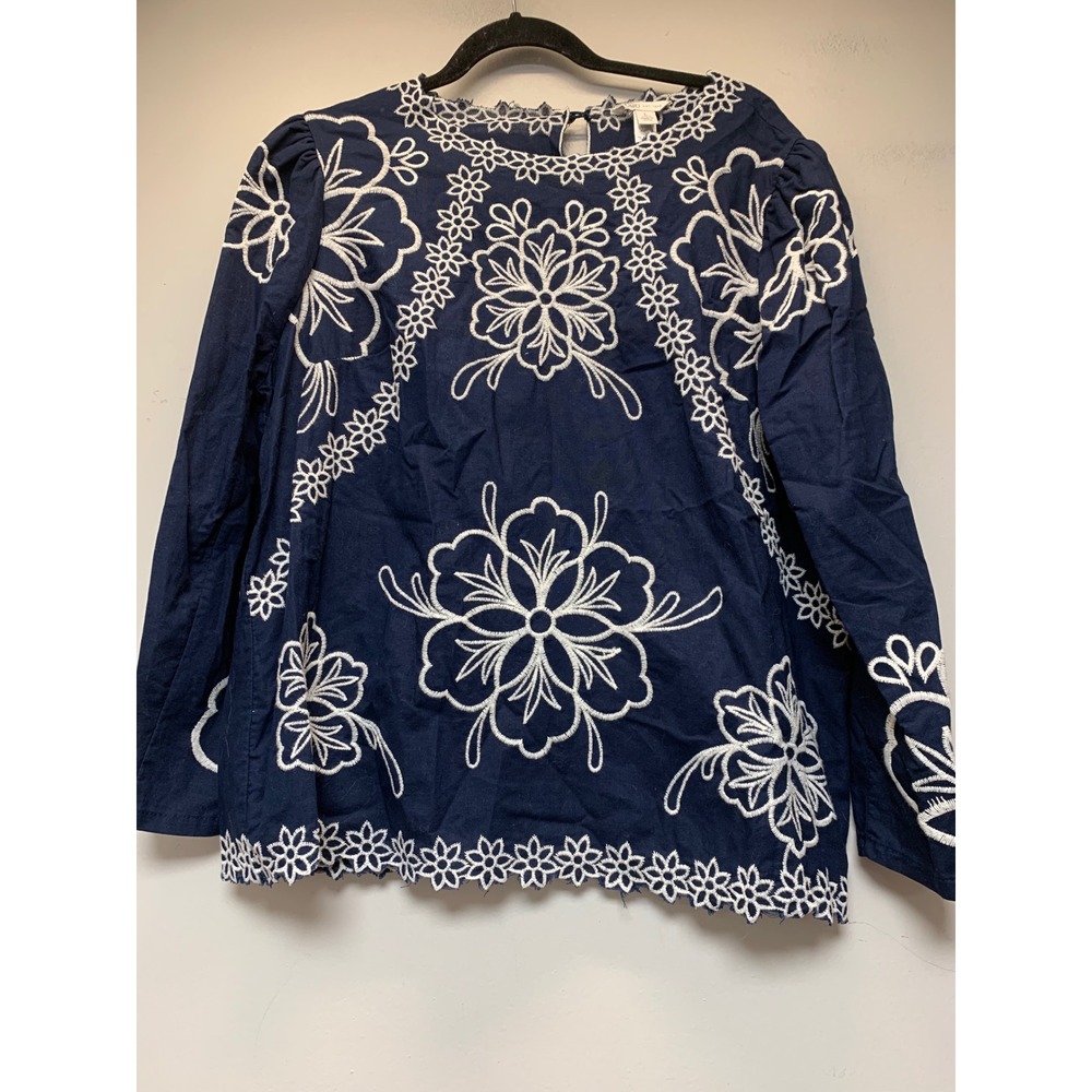 Cato Blouse Womens Large Navy Blue Excellent Floral Embroidered Eyelet Top